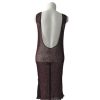 Midi dress rajut singlet pendek, warna maroon/merah gelap, low-cut scoop back, gaya transparan.