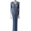 Long sleeve maxi dress rajut biru, open back dengan tali ikat di leher, sheer resort wear.