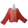 Ponco rajut wanita lengan kelelawar (batwing shrug), warna merah cerah, sheer lightweight knit.