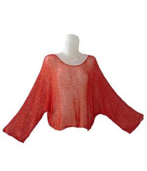 Ponco rajut wanita lengan kelelawar (batwing shrug), warna merah cerah, sheer lightweight knit.