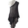 Ponco rajut wanita sheer warna hitam, desain one shoulder, potongan asimetris bergelombang (wavy hem).