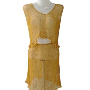 Setelan rajut transparan (sheer) singlet V-neck crop top dan mini skirt asimetris kuning emas, beach lounge set.