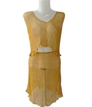 Setelan rajut transparan (sheer) singlet V-neck crop top dan mini skirt asimetris kuning emas, beach lounge set.